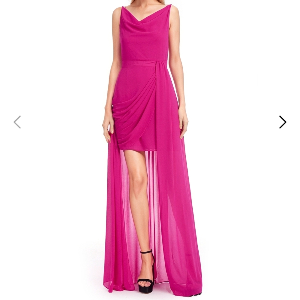 Jewel Badgley Mischk Sleeveless Cowl Neck Dress with High-Low Overlay Fuchsia